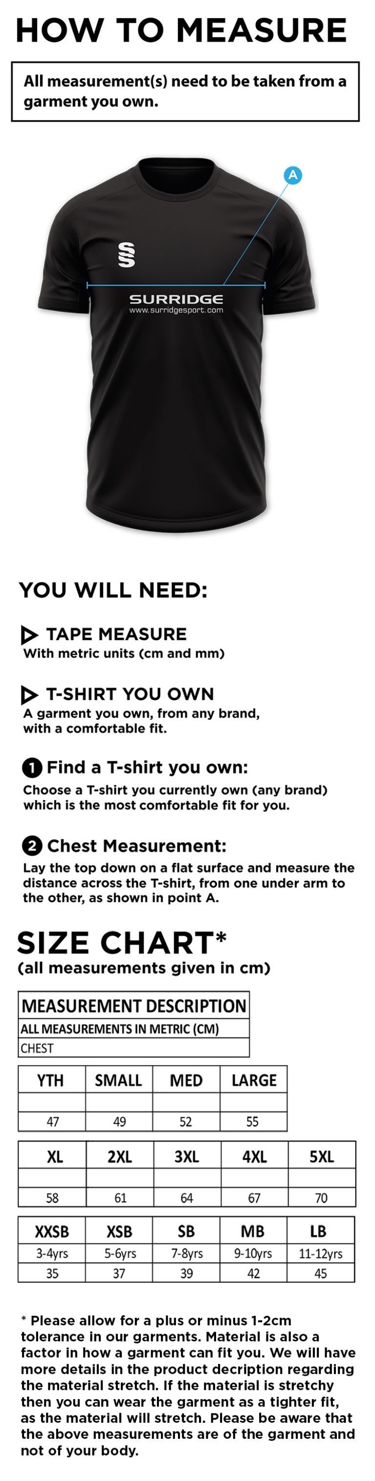 Riding Mill CC - Blade Training Shirt - Size Guide