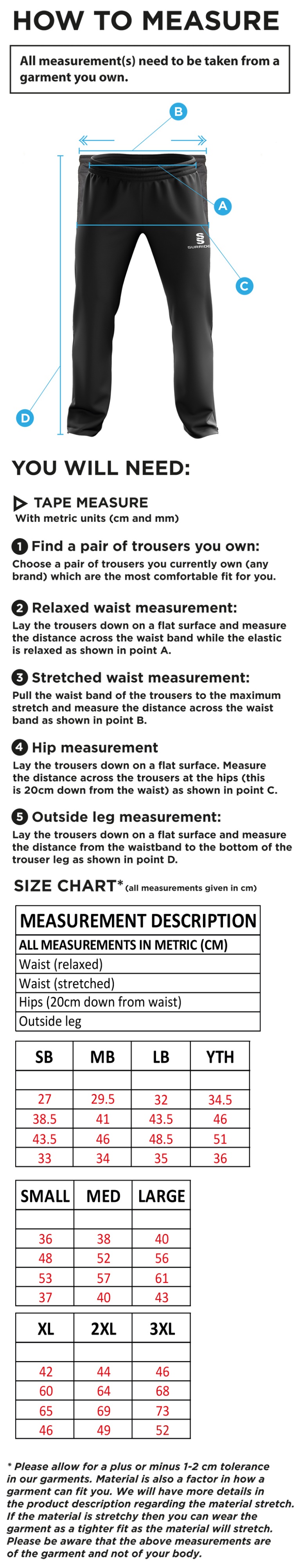 Riding Mill CC - Ripstop Track Pant - Size Guide