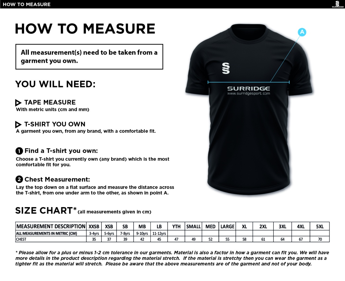 Riding Mill CC - Blade Training Shirt - Size Guide