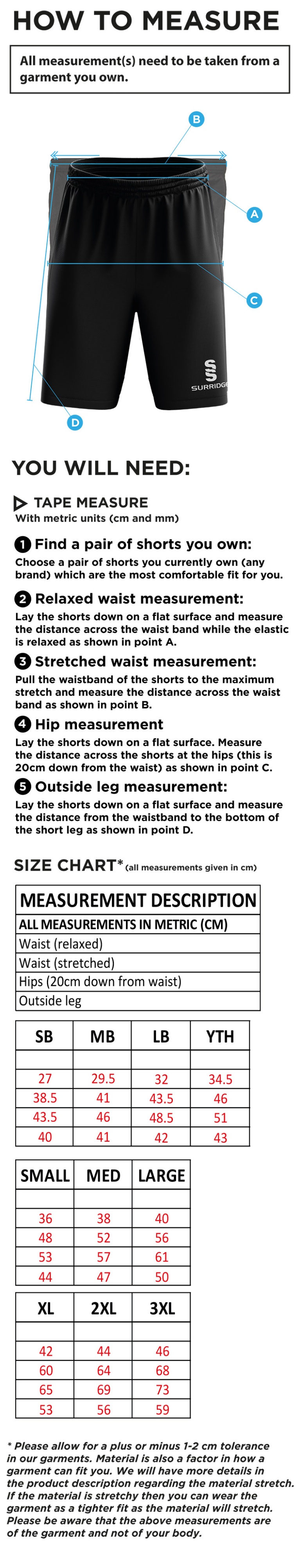 Riding Mill CC - Blade Shorts - Size Guide