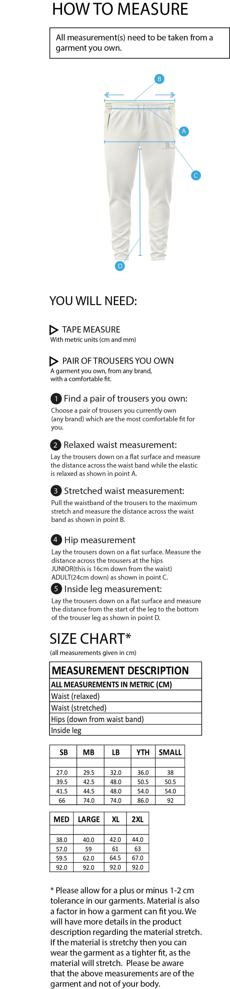 Riding Mill CC - Tek Playing Pant - Size Guide