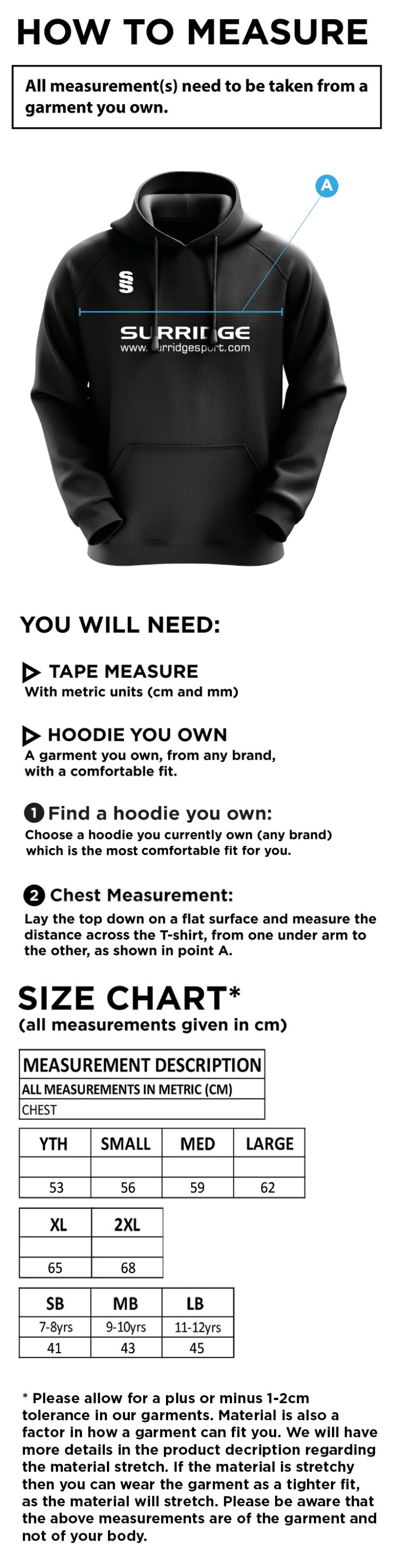 Riding Mill CC - Blade Hoody - Size Guide